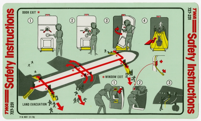 Image: safety information card: TWA (Trans World Airlines), Boeing 727-231