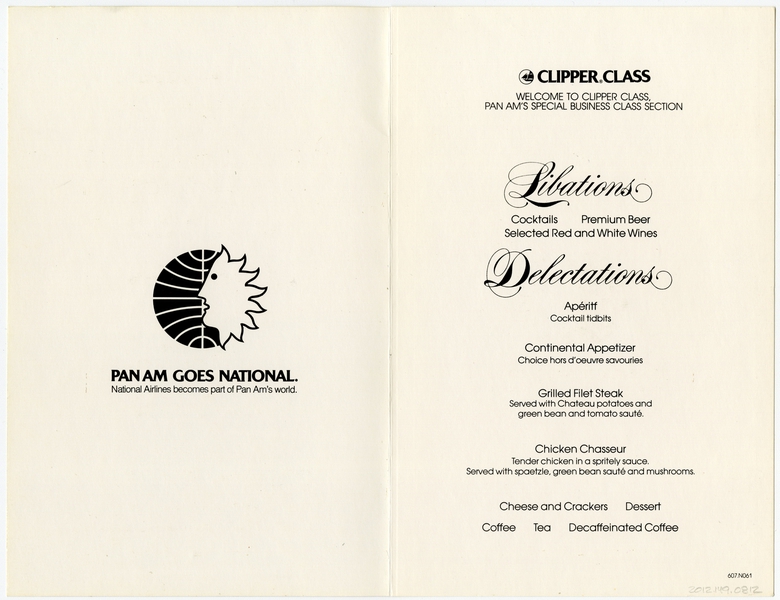 Image: menu: Pan American World Airways, Clipper (Business) Class