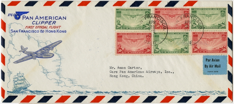 Image: airmail flight cover: Pan American Airways, first airmail flight, FAM-14, San Francisco - Hong Kong route