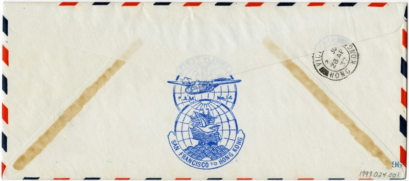 Image: airmail flight cover: Pan American Airways, first airmail flight, FAM-14, San Francisco - Hong Kong route