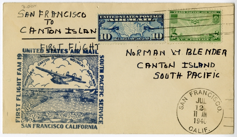 Image: airmail flight cover: United States Air Mail, FAM-19, first airmail flight, San Francisco - Canton Island route