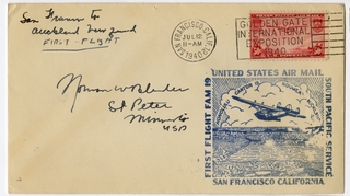 Image: airmail flight cover: United States Air Mail, FAM-19, first airmail flight, San Francisco - Auckland route