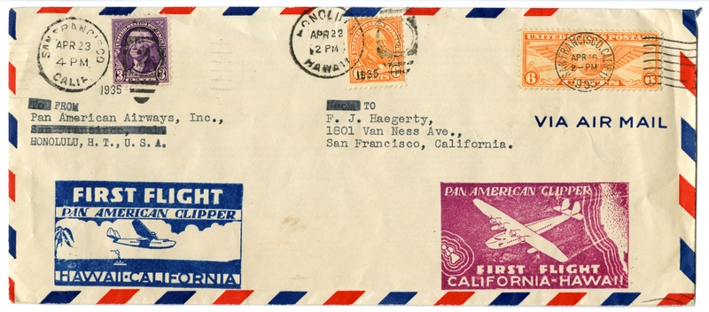 Image: airmail flight cover: Pan American Airways, first Pacific survey flight, California - Hawaii and return route