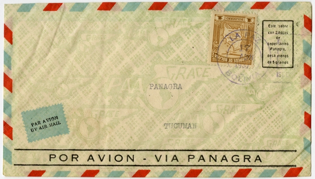 Airmail flight cover: Panagra (Pan American-Grace Airways), La Paz, Bolivia - Tucuman, Argentina