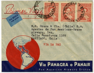 Image: airmail flight cover: Panagra (Pan American-Grace Airways), Tucuman - Santiago route