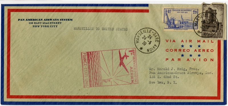 Image: airmail flight cover: Pan American Airways, first airmail flight, Marseilles - United States route