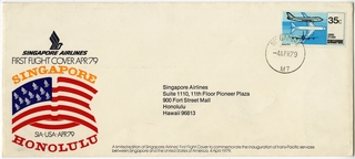 Image: airmail flight cover: Singapore Airlines, Singapore - Honolulu route