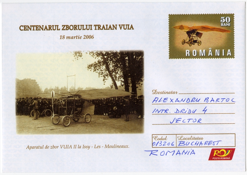 Image: airmail flight cover: Romanian Philatelic Federation (Romfilatelia), 100th anniversary of Traian Vuia’s first flight