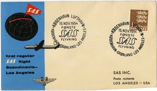 Image: airmail flight cover: SAS (Scandinavian Airlines System), first flight, Copenhagen - Los Angeles route