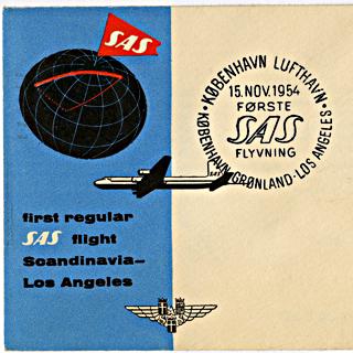 Image #1: airmail flight cover: SAS (Scandinavian Airlines System), first flight, Copenhagen - Los Angeles route