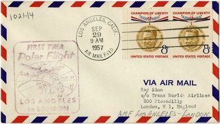 Image: airmail flight cover: TWA (Trans World Airlines), first polar flight, FAM-27, Los Angeles - London route