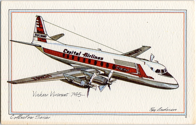 Postcard: Capital Airlines, Vickers Viscount 745