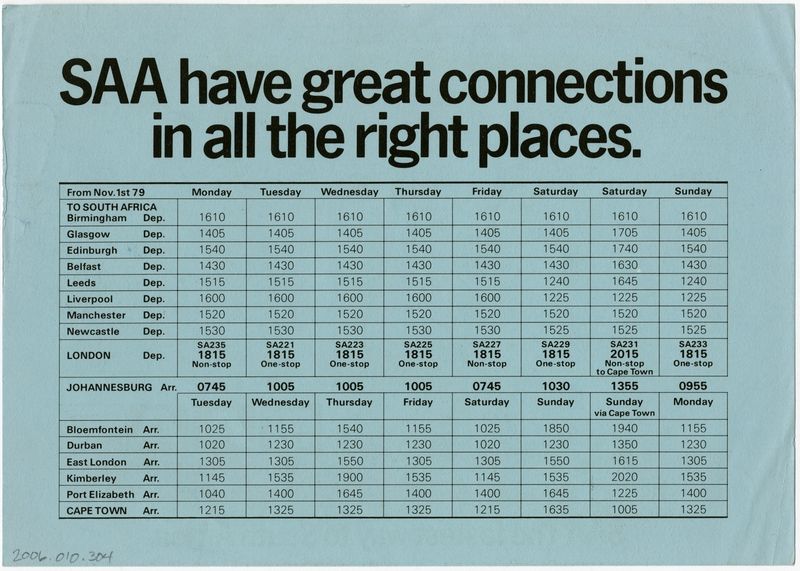 Image: timetable: South African Airways (SAA / SAL)