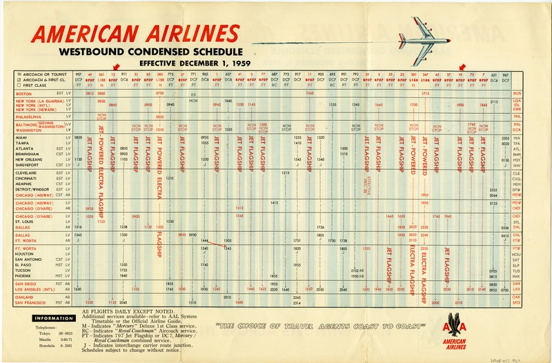 Image: timetable: American Airlines, eastbound condensed
