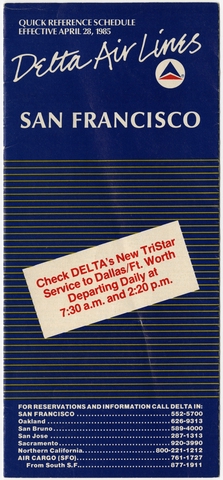Timetable: Delta Air Lines, quick reference, San Francisco