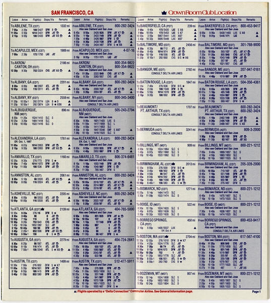 Image: timetable: Delta Air Lines, quick reference,  San Francisco / Sacramento / San Jose / Oakland / Fresno