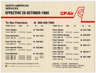 Image: timetable: CP Air, quick reference, San Francisco