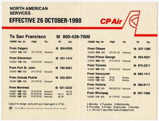 Image: timetable: CP Air, quick reference, San Francisco