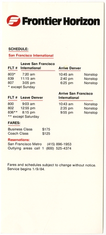 Timetable: Frontier Horizon, quick reference, San Francisco - Denver