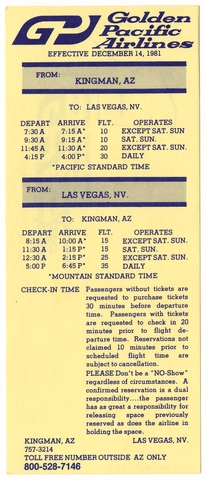 Timetable: Golden Pacific Airlines, quick reference, Las Vegas - Kingman