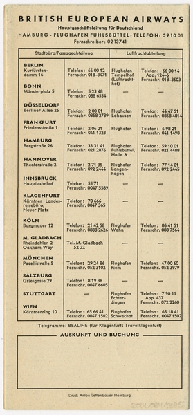 Image: timetable: British European Airways (BEA), quick reference, Germany and Austria