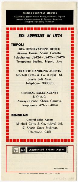 Image: timetable: British European Airways (BEA), quick reference, Malta and North Africa