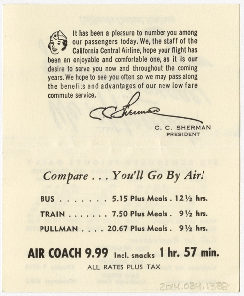 Image: timetable: California Central Airlines, pocket schedule