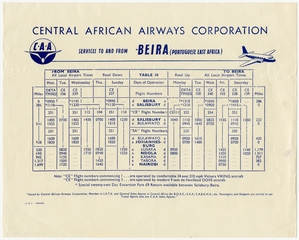 Image: timetable: Central African Airways (CAA), quick reference, Beira