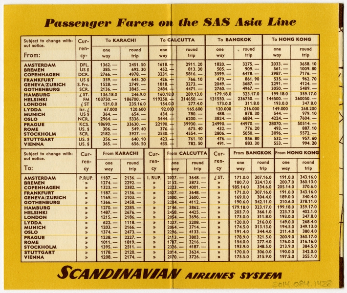 Image: timetable: Scandinavian Airlines System (SAS), pocket schedule, Europe and Asia