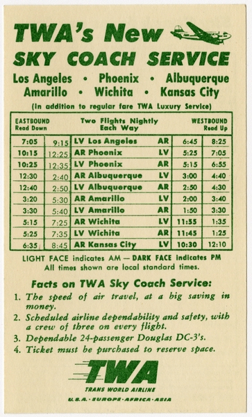 Image: timetable: TWA (Trans World Airlines), pocket schedule, Sky Coach service