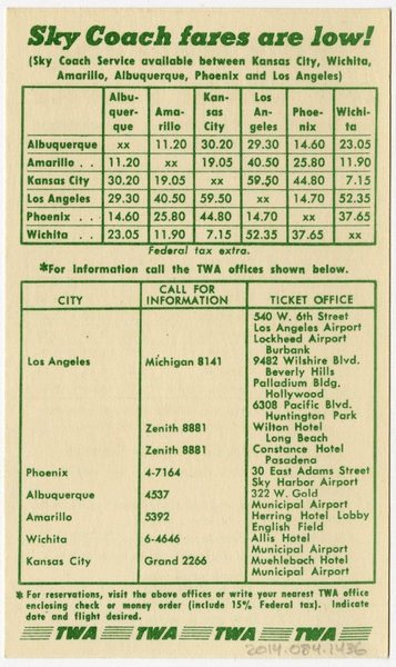 Image: timetable: TWA (Trans World Airlines), pocket schedule, Sky Coach service