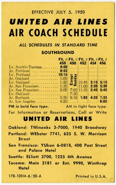 Image: timetable: United Air Lines, pocket schedule, Air Coach service