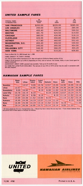 Image: timetable: United Air Lines and Hawaiian Airlines, quick reference
