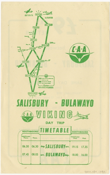 Image: timetable: Central African Airways (CAA), quick reference, Salisbury - Bulawayo