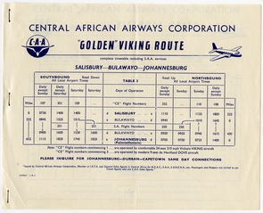 Image: timetable: Central African Airways (CAA), quick reference, Salisbury - Johannesburg