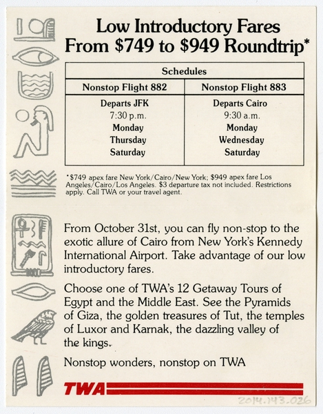 Image: pocket timetable: TWA (Trans World Airlines), Cairo, pocket schedule