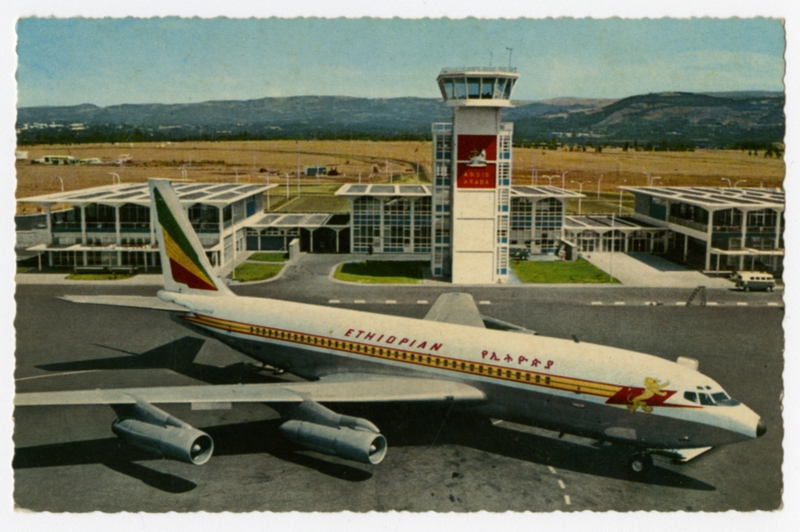 Image: postcard: Ethiopian Airlines, Boeing 707, Addis Ababa airport