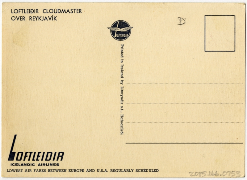 Image: postcard: Loftleidir Icelandic Airlines, Douglas DC-6 Cloudmaster, Reykjavik