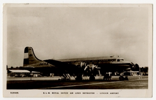 Image: postcard: KLM (Royal Dutch Airlines), Douglas DC-4 Skymaster, London Airport