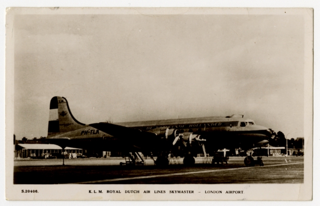 Postcard: KLM (Royal Dutch Airlines), Douglas DC-4 Skymaster, London Airport