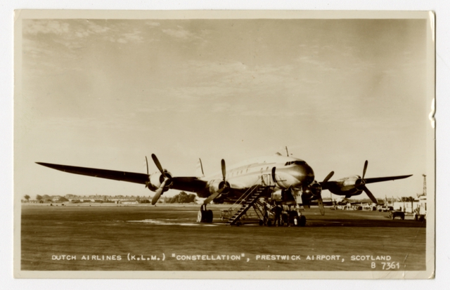 Postcard: KLM (Royal Dutch Airlines), Lockheed Constellation, Prestwick Airport