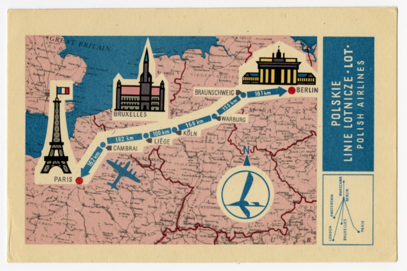 Image: postcard: LOT Polish Airlines, Paris, Brussels, Berlin, map
