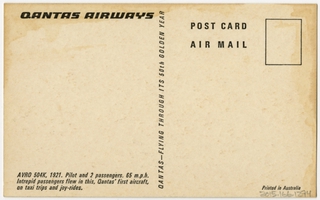 Image: postcard: Qantas Airways, AVRO 504K