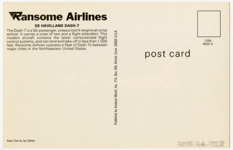 Image: postcard: Ransome Airlines, de Havilland Dash-7, New York City