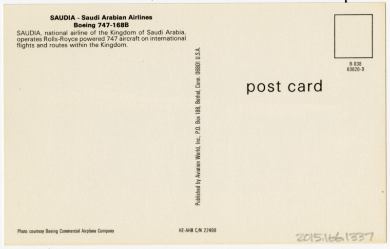 Image: postcard: Saudia Airlines, Boeing 747-168B