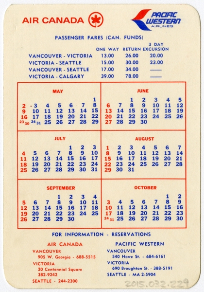 Image: timetable: Air Canada, Pacific Western Airlines, pocket schedule