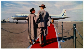 Image: postcard: United Air Lines, Douglas DC-7, red carpet