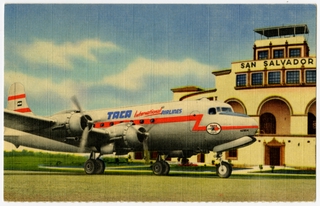 Image: postcard: TACA International Airlines, Douglas DC-4, San Salvador Airport
