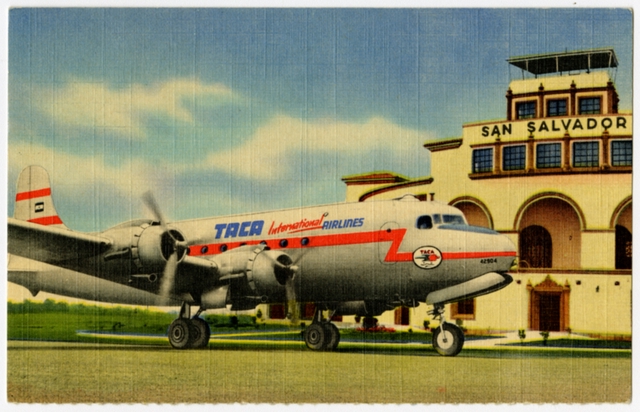Postcard: TACA International Airlines, Douglas DC-4, San Salvador Airport