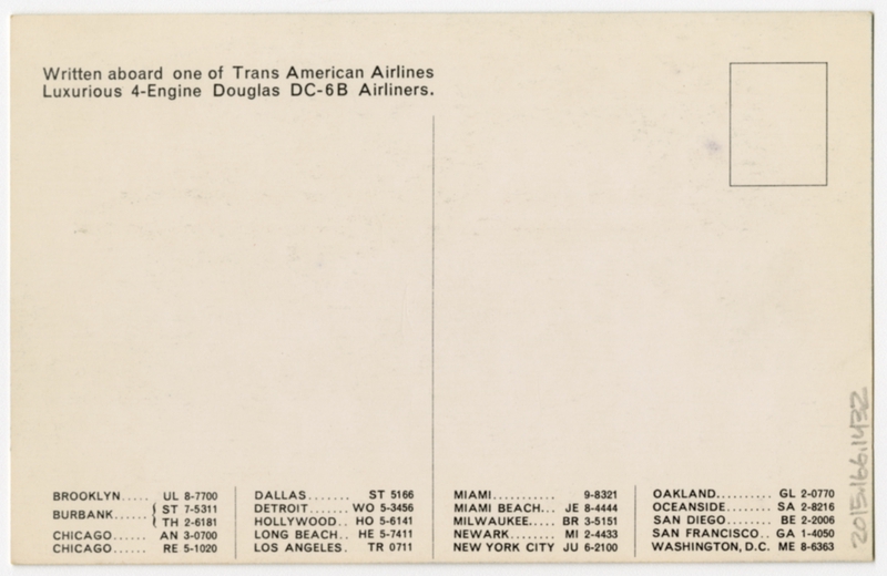 Image: postcard: Trans American Airlines, Douglas DC-6B
